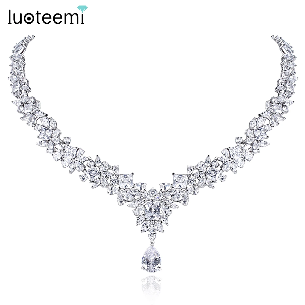 

LUOTEEMI Luxury Cubic Zirconia Bridal Wedding Dress Necklace Silver Plated Flower Waterdrop Crystal Women Engagement Accessories