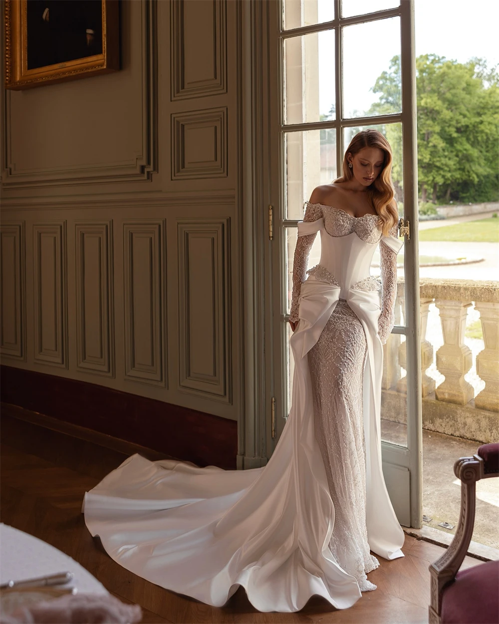 Vestido De Novia De Organza blanco suave personalizado, Vestido De Novia Formal De manga larga con escote corazón, Vestido De Novia bohemio con cola De corte De sirena