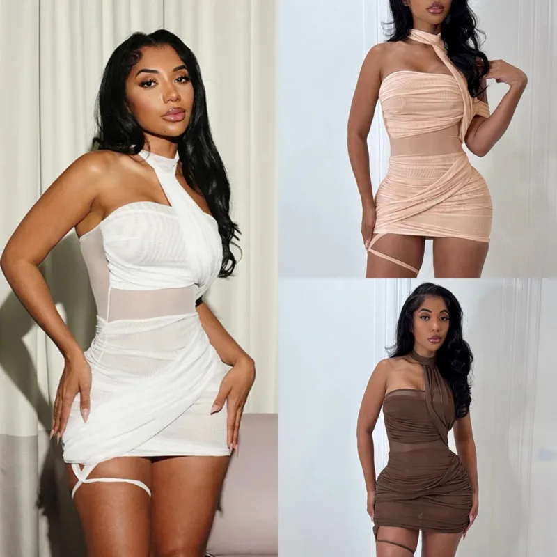 

Sexy Sheer Mesh Asymmetric Mini Dress Trendy Halter Neck Backless Smocked Bodycon Dress Fashion Women's Party Club Fitted Dress