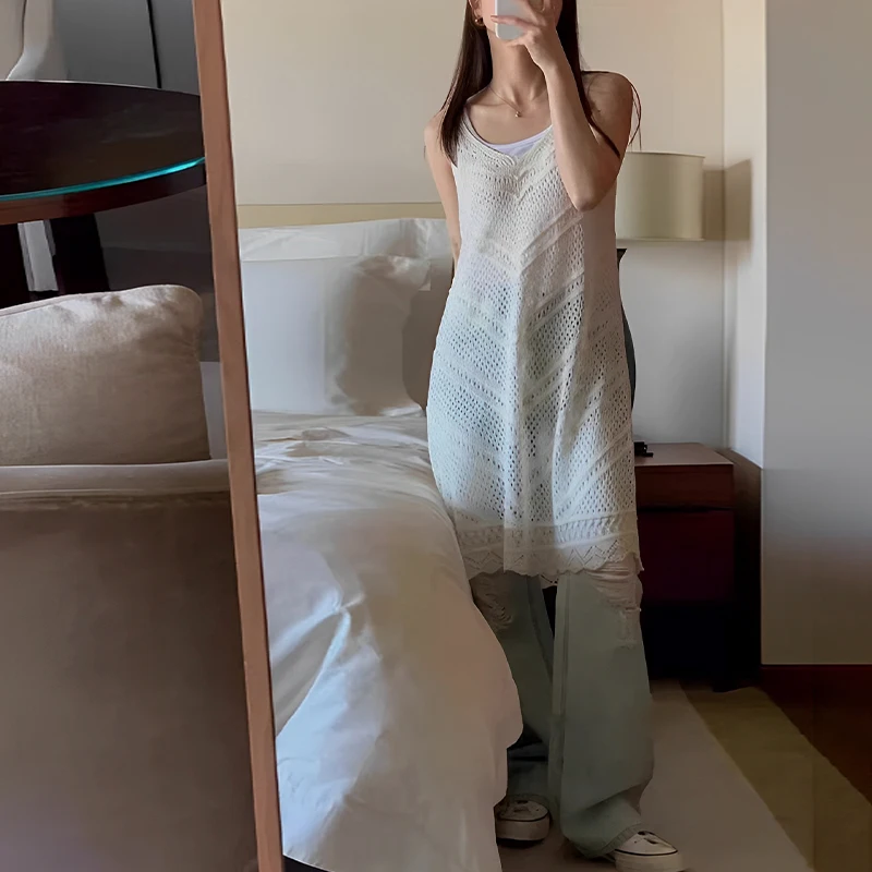 Vestido coreano de malha com decote em V oco com suspensório para mulheres blusa em camadas de comprimento médio