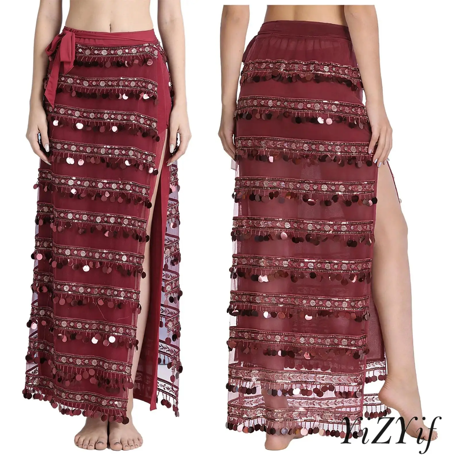 

Maxi Spanish Samba Dance Skirt for Women Belly Dance Style with Tiered Sequins Tassels Slit Hem Safety Shorts Lined Skirt Outfit