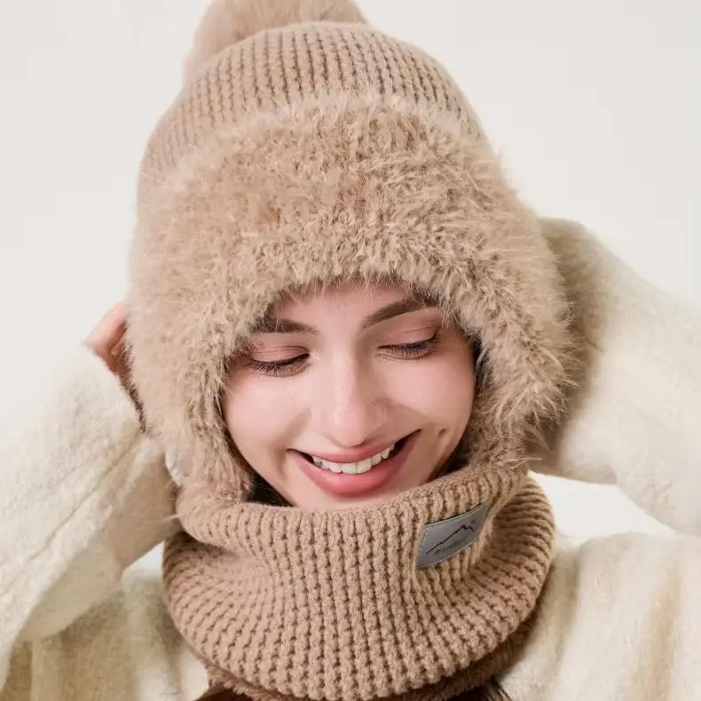 Winter Hat Scarf Hoodie One-Piece Knit Hat Women Striped Soft Warm Stretchy Simple Versatile Outdoor Ski.