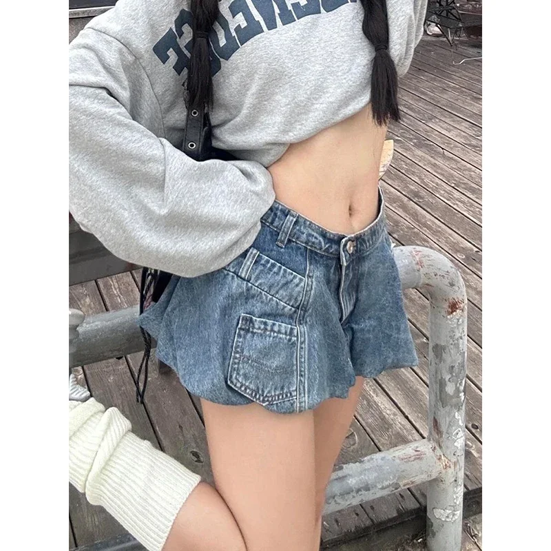 Mini jupe en jean bleu pour femmes, esthétique Harajuku japonais, taille basse, Gyaru américain rétro, Design de rue, Kpop Y2k, années 2000