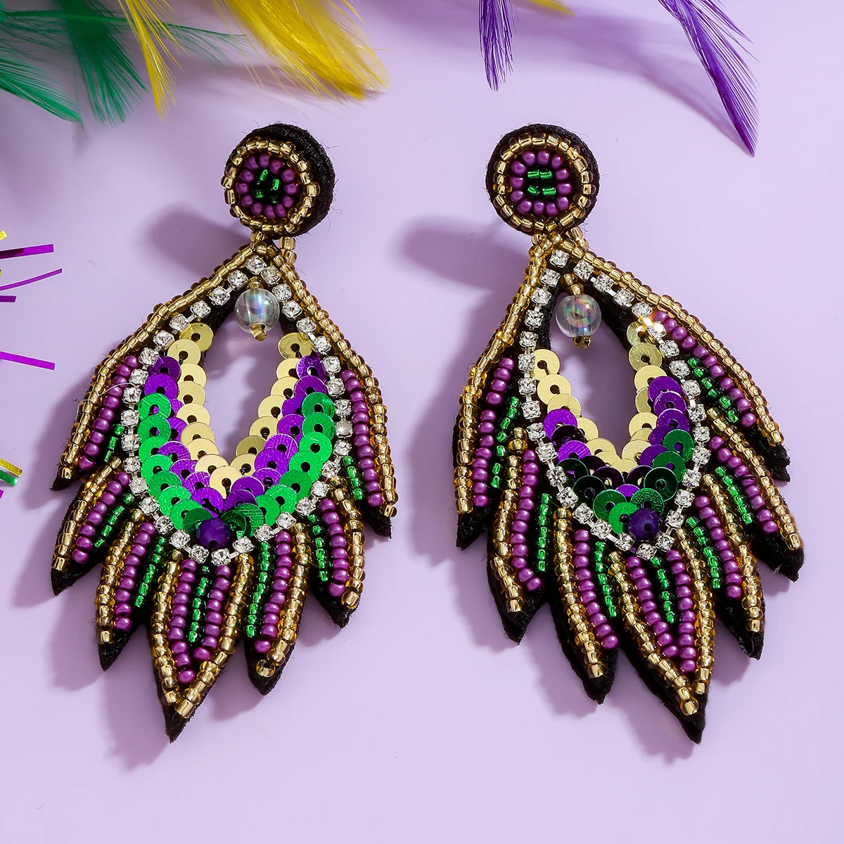 Carnival Exaggerated Handmade Beaded Feather Dangle Earrings for Women Personality Mardi Gras Holiday Decoration Party Gifts