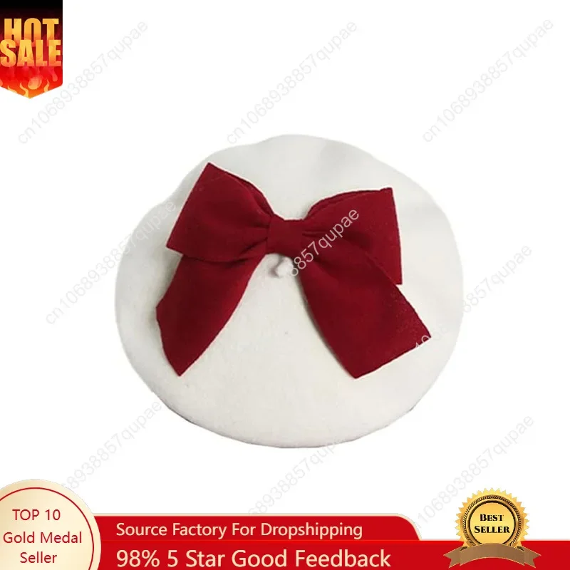 

Wool Beret Hat Women French Style Beret Cap with Bows Decoration Winter Warm Cap for Girls Ladies Gifts