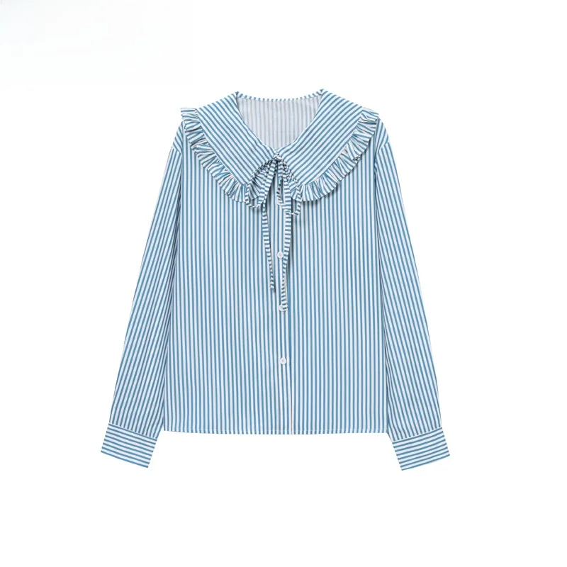 

ZBZR Spring New Faionable Simple Striped Long Sve Doll Collar irt Women's Casual Loose Sle Polyester Fiber irt