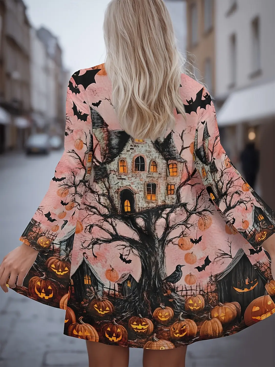 2025 cardigã feminino de manga comprida fantasma com estampa 3D de Halloween, frente aberta de poliéster, cobertura leve, casaco casual de outono