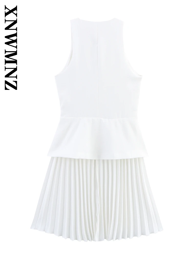 XNWMNZ 2025 Summer Woman Fashion Commuting Sleeveless Dresses Casual Simple Women Clothing V-Collar Shoulder Chic Pleated dress