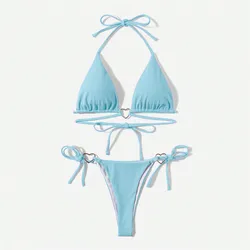 Microbikini con Tanga para Mujer, traje de baño Sexy de color azul claro, triangular con cuello Halter, conjunto de Bikini con anillo de corazón, 2024