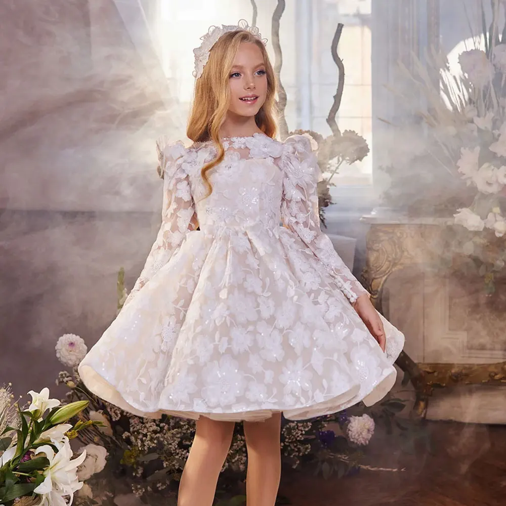 Dreamy Vow Elegant Beige Girl Dress Long Sleeved Lace Sequined Ruffled for Kids Party Spring Summer Knee Length Ball Gown J308