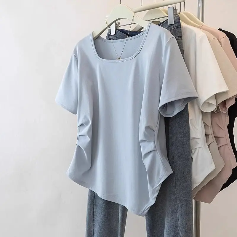 Plus Size Women Clothing Solid Pleated Casual T Shirts Short Sleeve Irregular All-match Harajuku Tops Fashion Trend Summer New