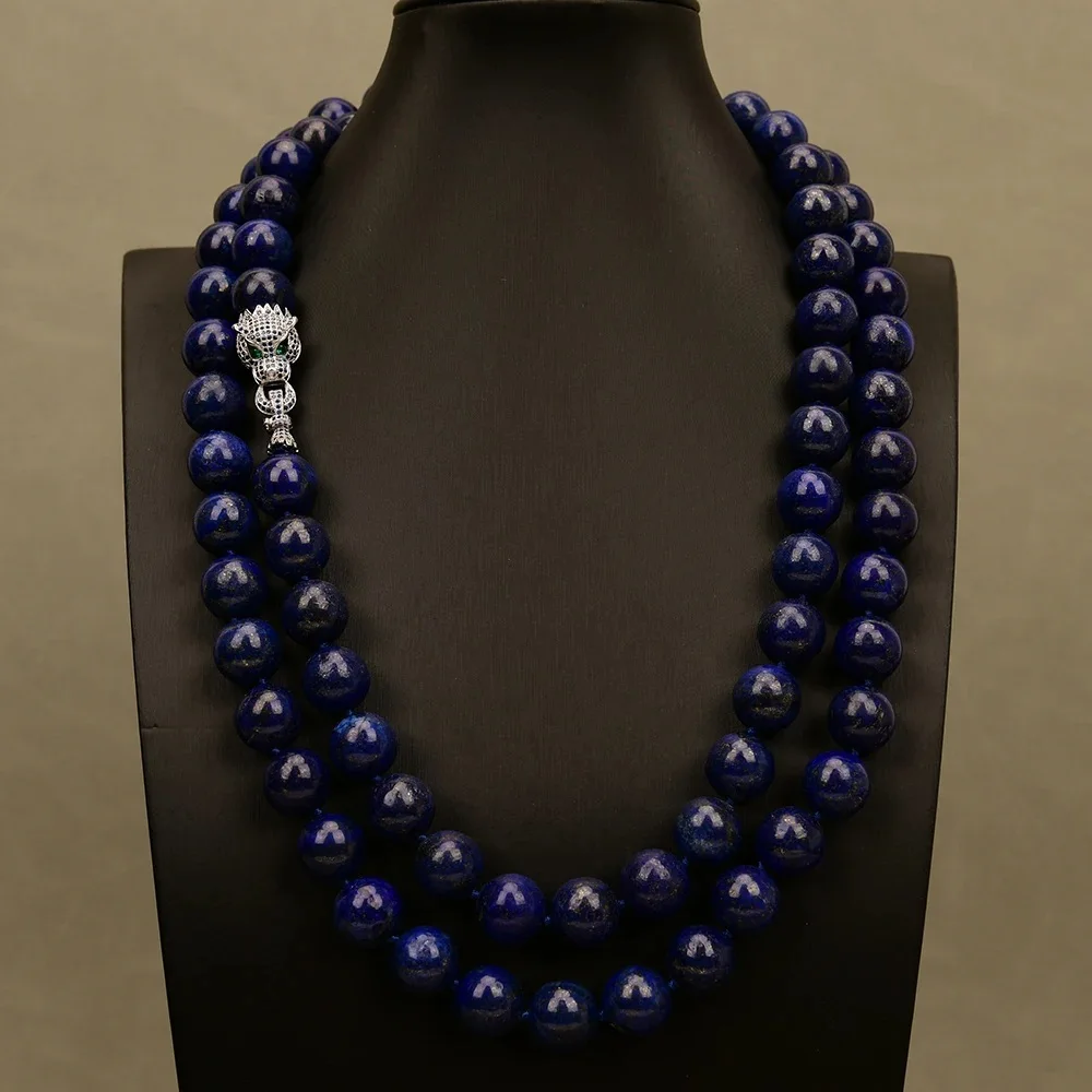 

50" Natural Gems Stone 14MM Blue Smooth Round Lapis Lazuli Necklace CZ Clasp For Women