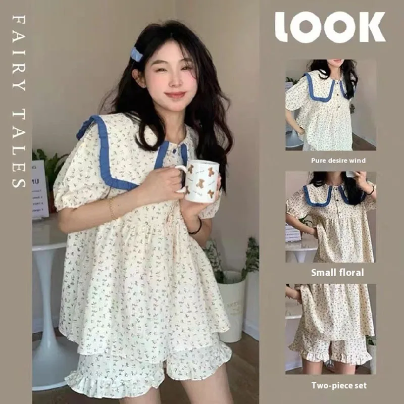 Rustic Style Pajamas Female Short-Sleeved Doll Collar Pure Desire Pajamas Female Loose Cute Small Flowers Short-Sleeved Milk Sil