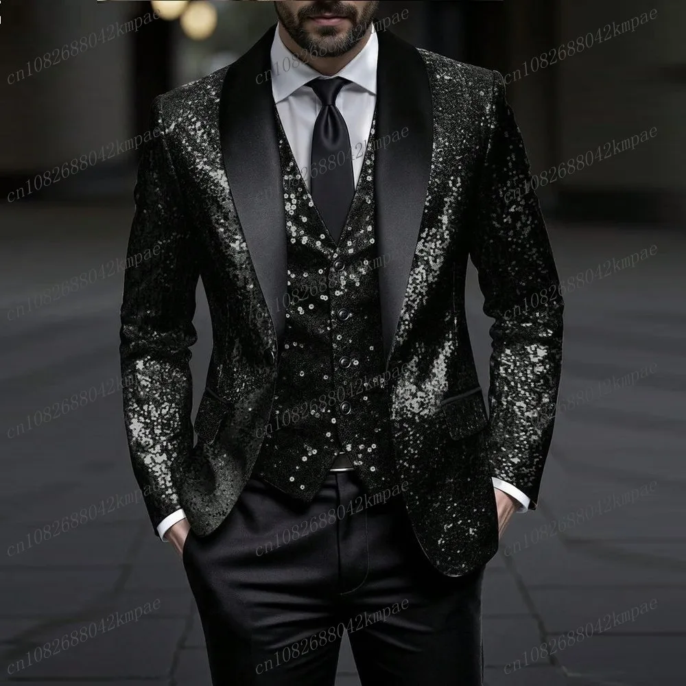 

New Black Sequin Formal Prom Men Suit Groom Groomsman Wedding Party Business Male Tuxedos 3 Piece Set Blazer Vest Pants