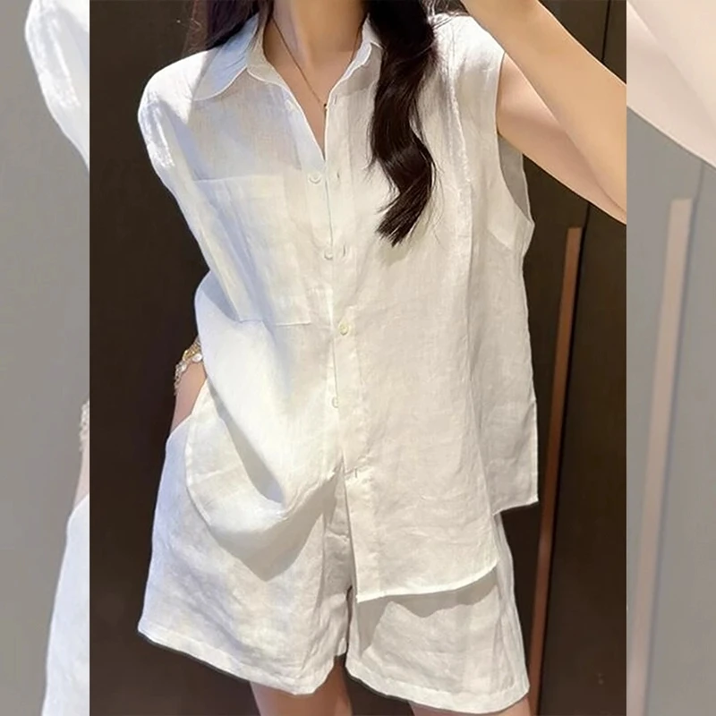 

White Sleeveless Cotton Linen Women's Short Pants Two Piece Set Casual Loose Shirt Vintage Simple Turn-Down Collar Matching Sets