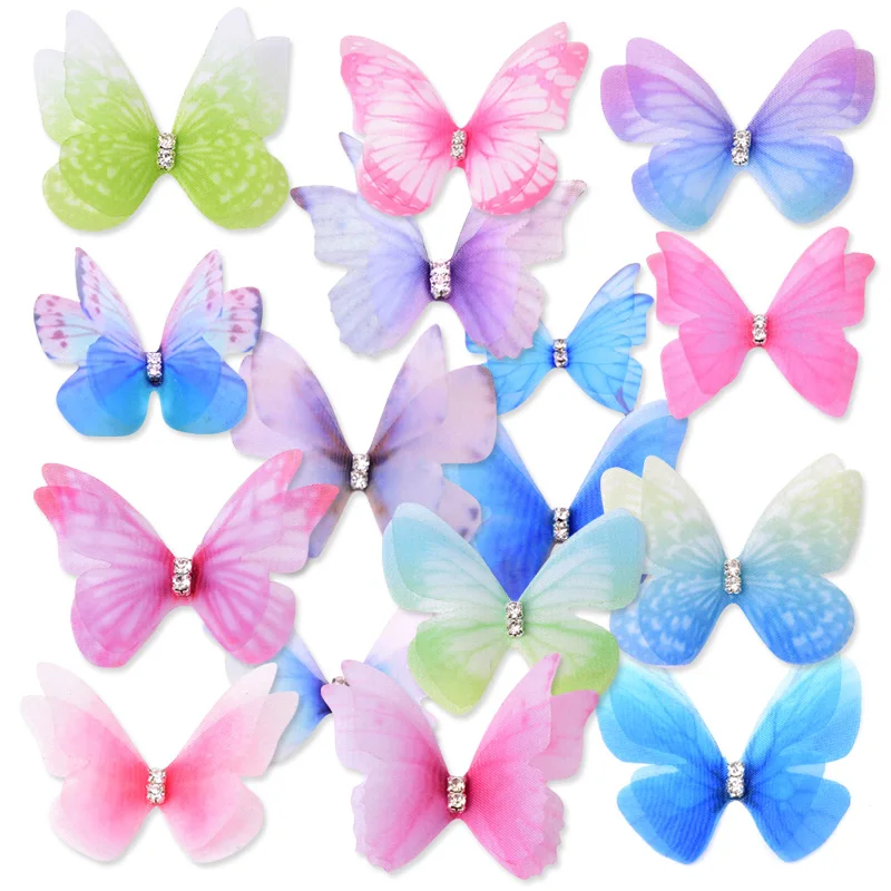 32Pcs 4cm Handmade Double Layer Butterfly Rhinestone Appliques For DIY Headwear Hairpin Crafts Decor Wedding Gifts Accessories