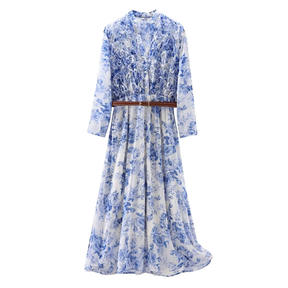 Zach Ailsa 2024 Summer New Women\'s Fashion and Elegance Simple V-neck Long sleeved Belt Layered Print Slim Fit Dress