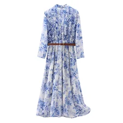 Zach Ailsa 2024 Summer New Women's Fashion and Elegance Simple V-neck Long sleeved Belt Layered Print Slim Fit Dress