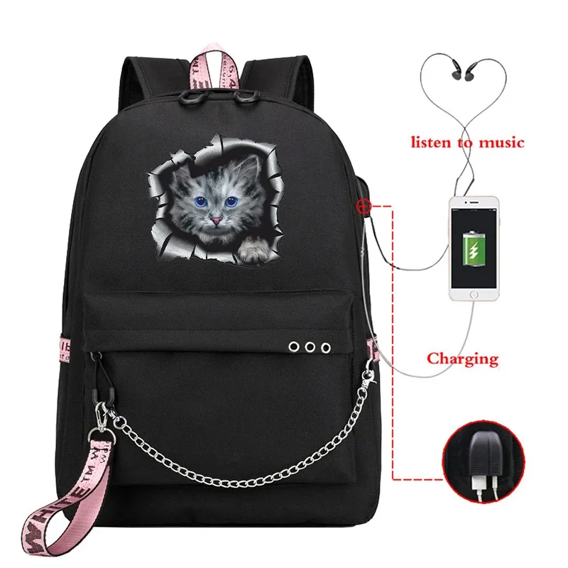 Adolescente saco de escola para meninas usb mochila saco gato impressão bookbags estudante médio saco preto viagem portátil bagpack