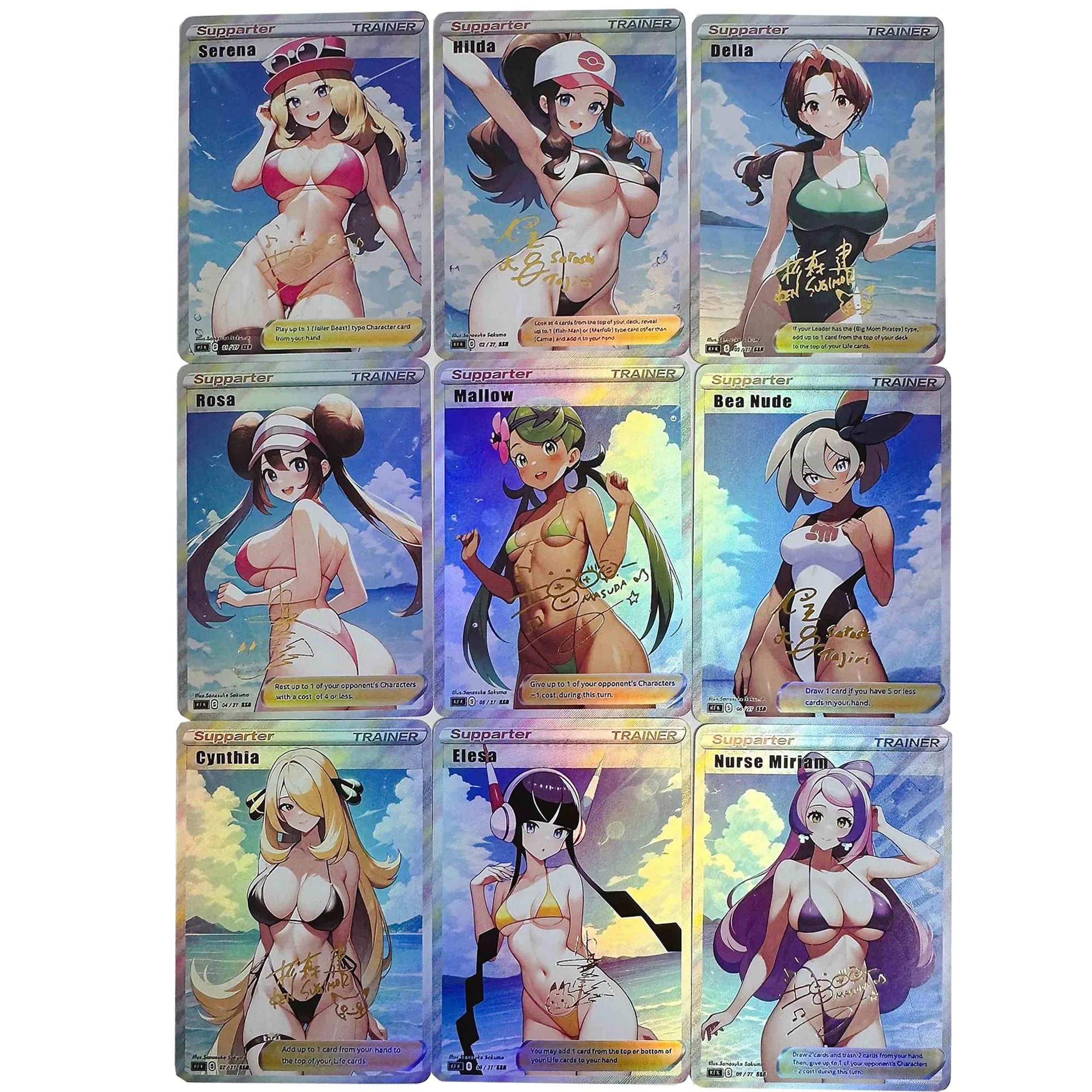 Diy Self Made 9Pcs/set PTCG Trainer Cynthia Rosa Seaside Swimsuit Collection Card Refraction Color Flash Anime Cards Gift