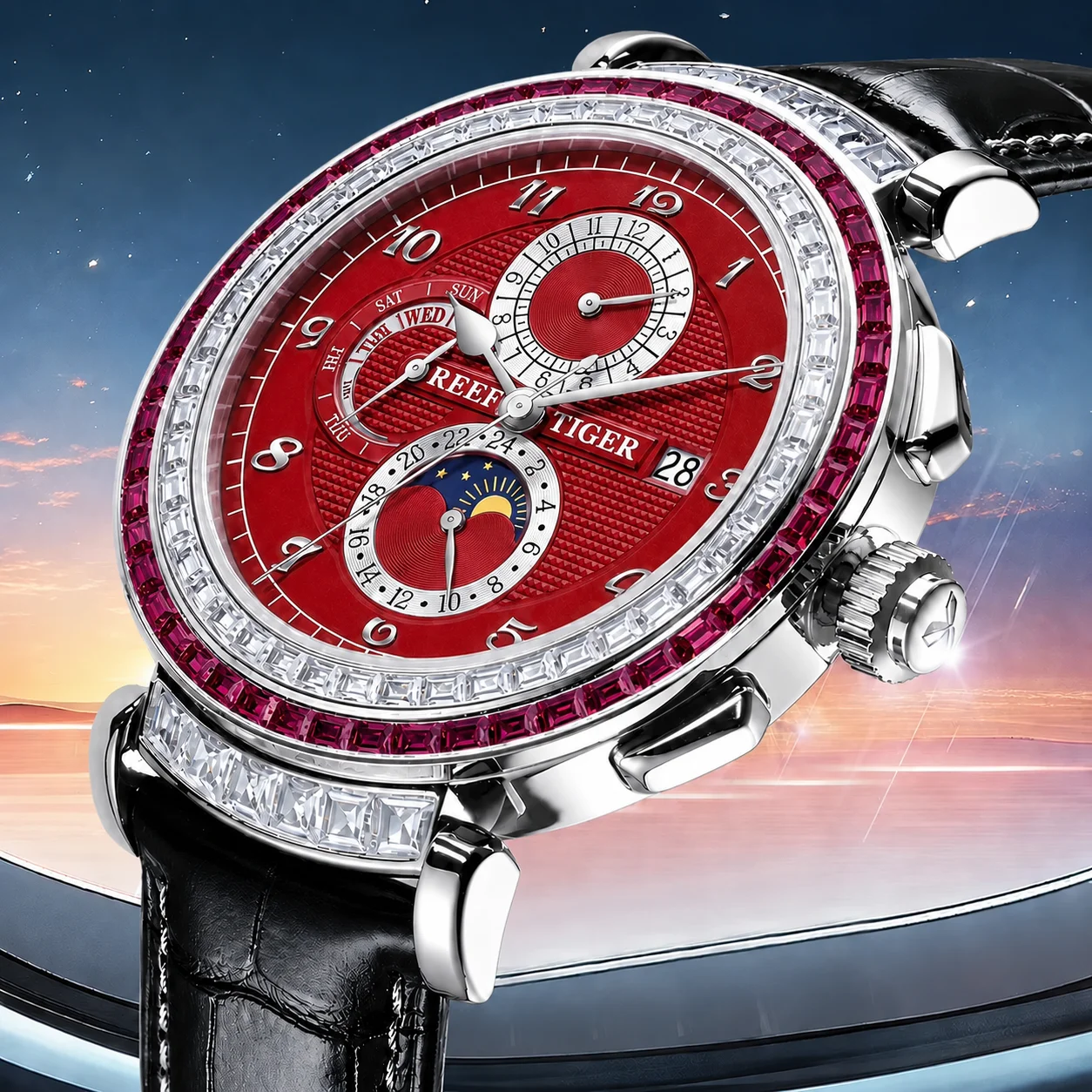 Reef Tiger Stylish Multifunctional Men's Automatic Mechanical Watch – Red Dial, Genuine Leather Strap, Moon Phase & Date Display