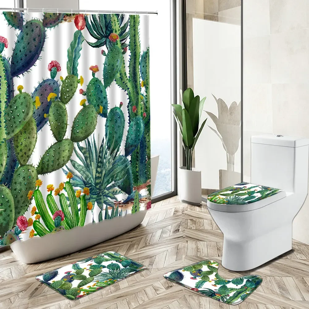 Tropical Cactus Succulent Green Plant Shower Curtain Flower Leaf Watercolor Art Home Bath Mat Toilet Cover Bathroom Carpet Set