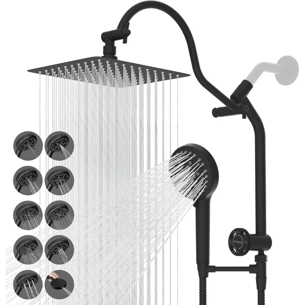 Upgraded All Metal 10” Shower Head for Easy Reach, 12'' Extension Arm, 4-way Diverter, 71'' Hose, Black Shower Head