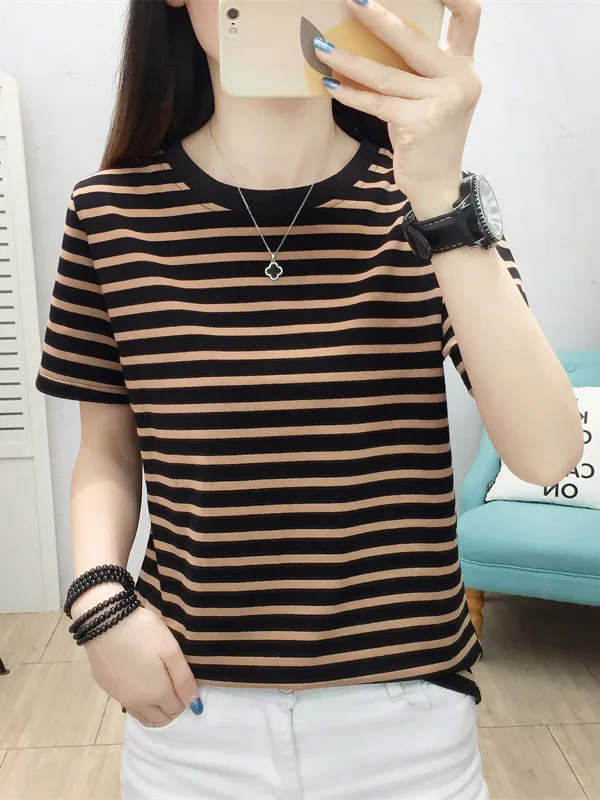 

Large Size Striped T-Shirt Women's Short Sleeve Loose Fashionable Top for Middle-Aged Mothers Summer New Arrival