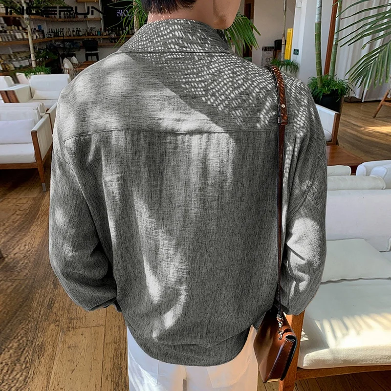INCERUN الرجال غير النظامية قميص الصلبة التلبيب كم طويل زر الرجال الملابس فضفاضة الشارع الشهير الكورية نمط بلوزات على الموضة الذكور القمصان