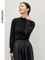 SENTUBILA Comfort Knitted Solid Pullovers for Women Autumn Winter Stright Patchwork Cuff Half High Collar Thick Tops W44E56588