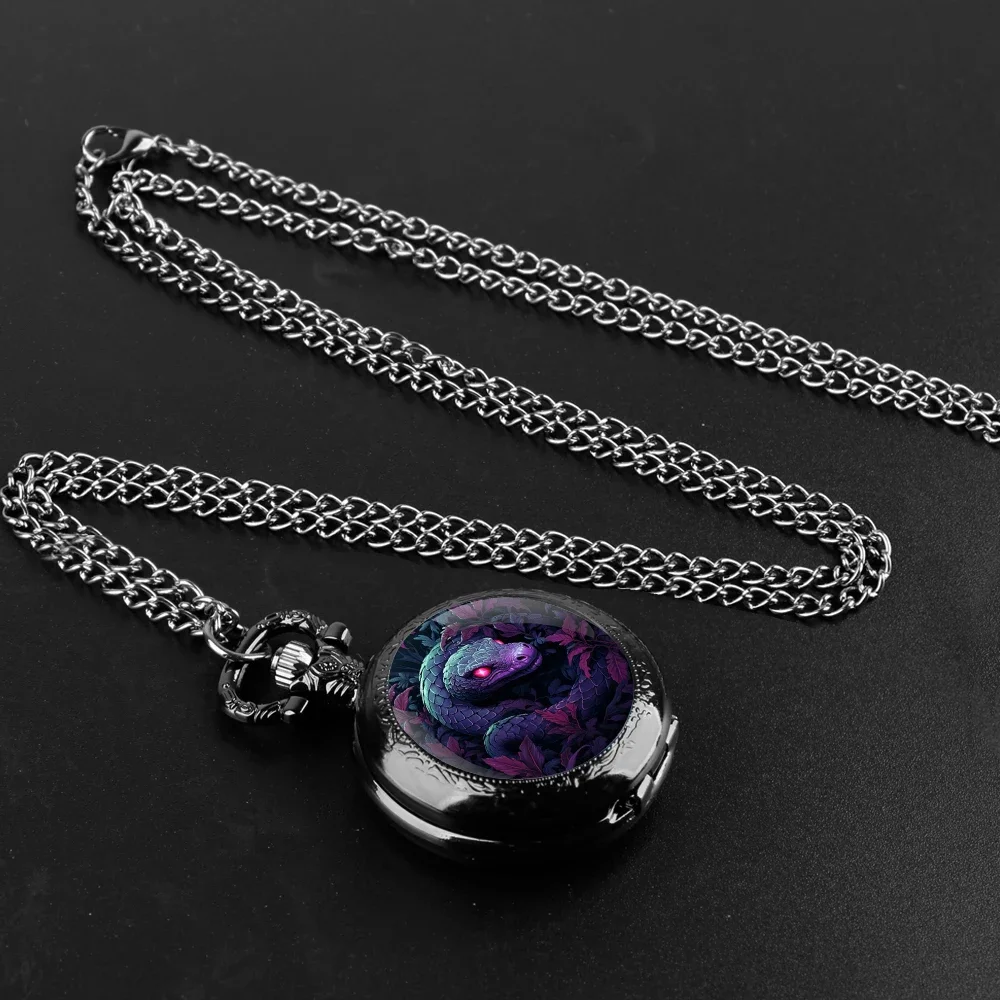 ساعة جيب ذات قبة زجاجية بتصميم ثعبان داكن رقيق - قلادة كوارتز، هدية أنيقة للرجال والنساء