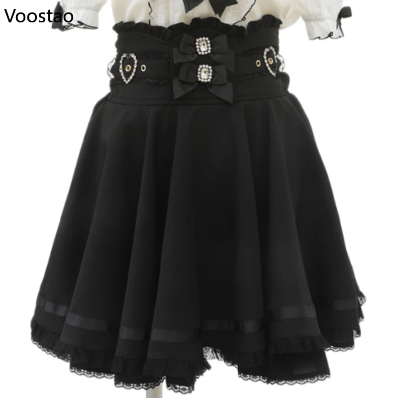 Gothic Lolita Ribbon Double Bow High Waist Skirt Women Sweet Pearl Buckle Lace Pleated Skirt Japanese Cute A-Line Mini Skirts
