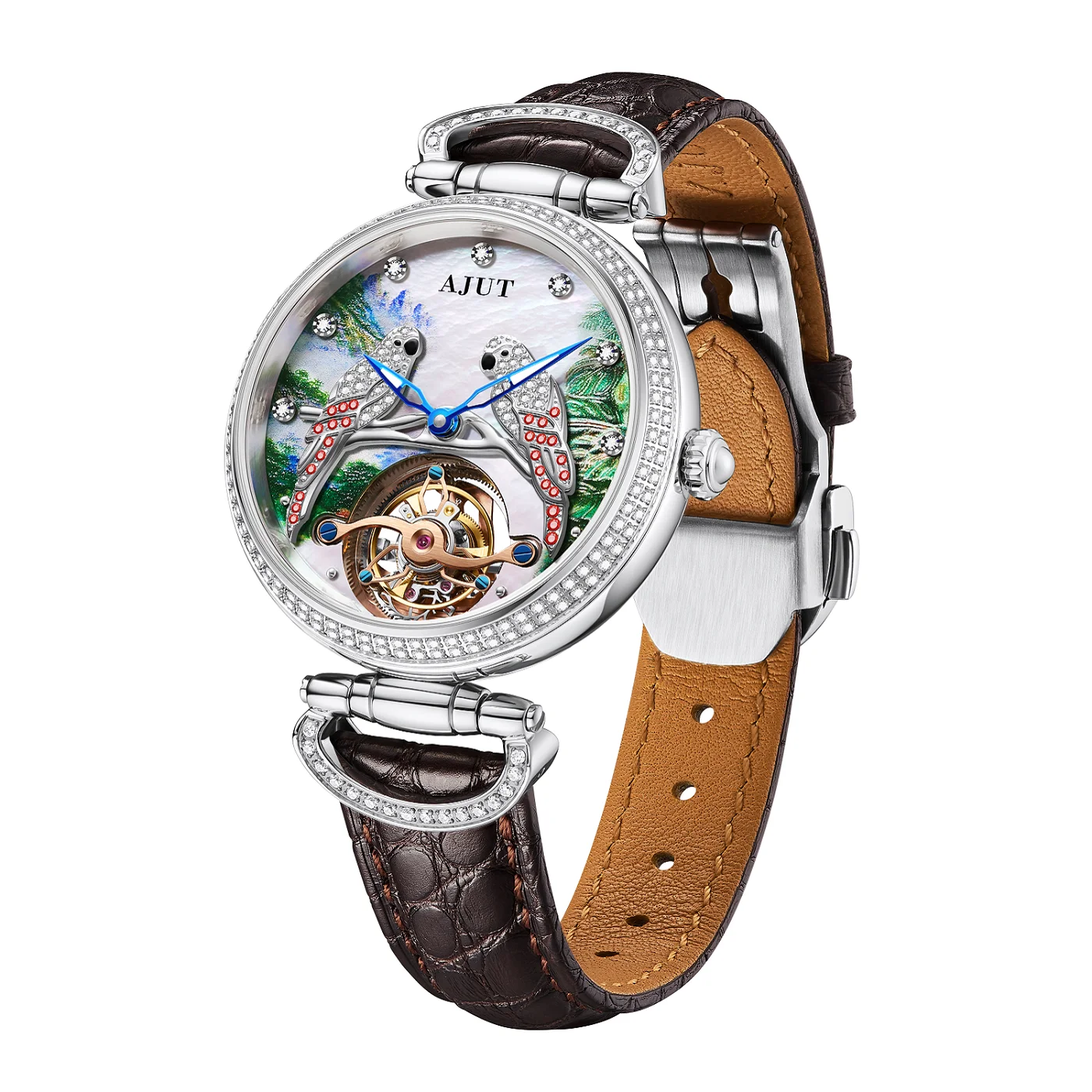 AJUT Tourbillon Orologio meccanico automatico da uomo Diamanti in rilievo Pappagallo intarsiato Zircone Orologi da polso Tourbillon a carica automatica 0327