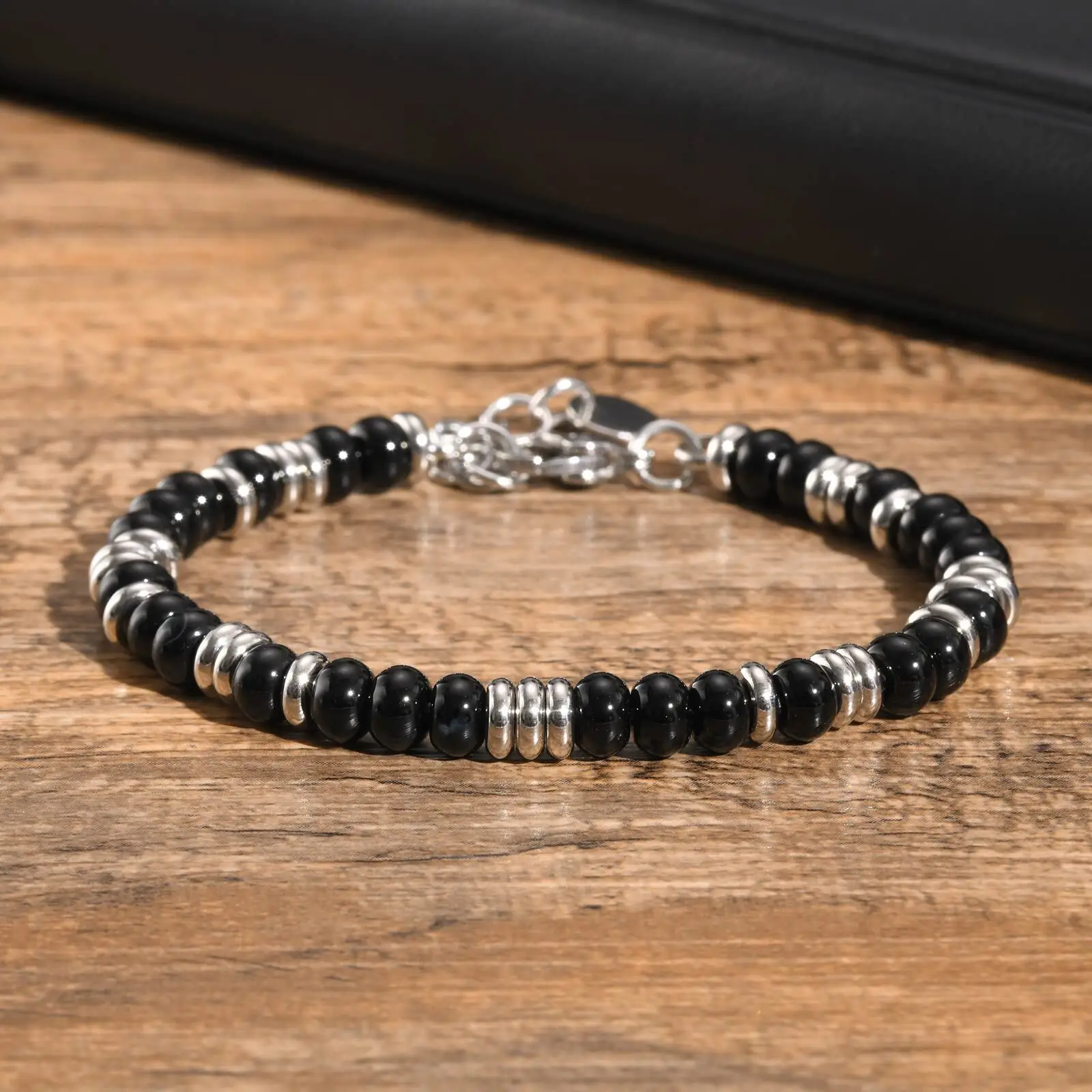 Image of Schwarze Onyx-Steine, Perlenarmbänder für Damen und Herren, klassische Tigerauge-Steine, Kette, verstellbares Armband als Valentinstagsgeschenk