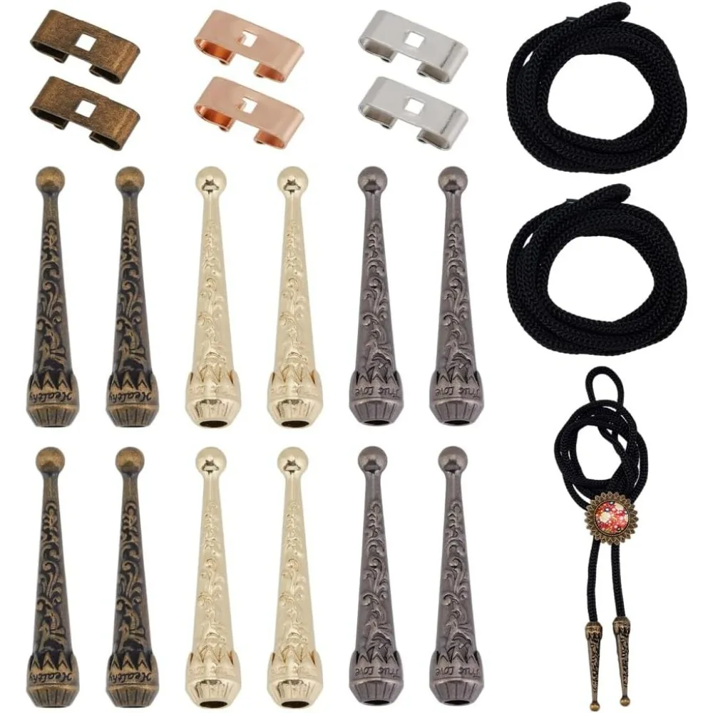 

6 Sets Bolo Tie Making Kit Bolo Tie Tips Replacement End Caps Kit Rectangle Bolo Tie Buckle Accessories with 12 Pcs Alloy Cord
