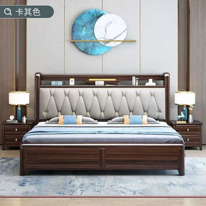 for New Chinese Solid Wood Bed 1.8m Modern Simple Double Bed Master Bedroom Leather Soft Bag Bed High Box Storage Wedding Bed