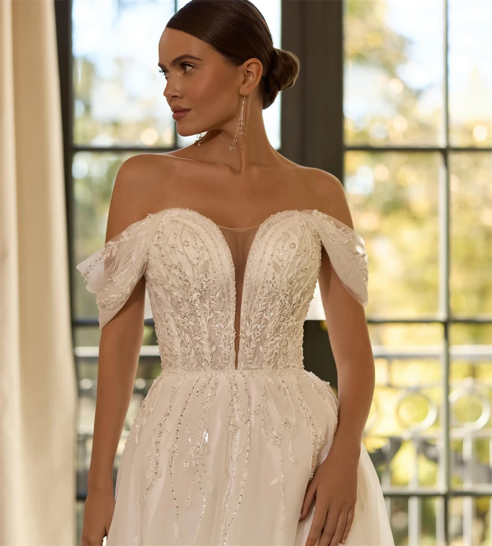 Customized Boho White Organza Wedding Dress Sexy Sweetheart Off the Shoulder Bridal Gowns Soft A-Line Court Train Robe de mariée