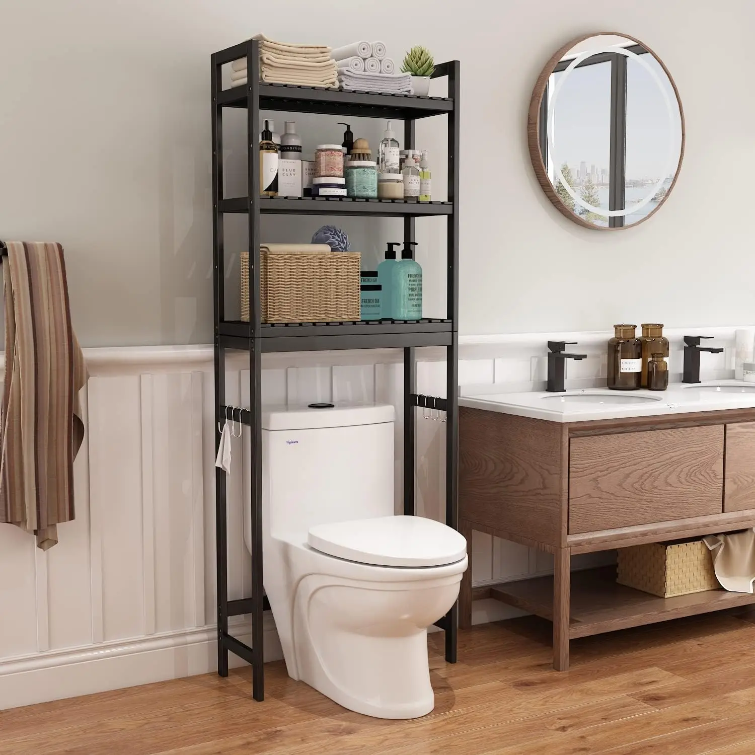 

Over The Toilet Storage Cabinet, Bamboo Adjustable 3-Tier Above Toilet Shelf, Stable Freestanding Above Toilet Organizer