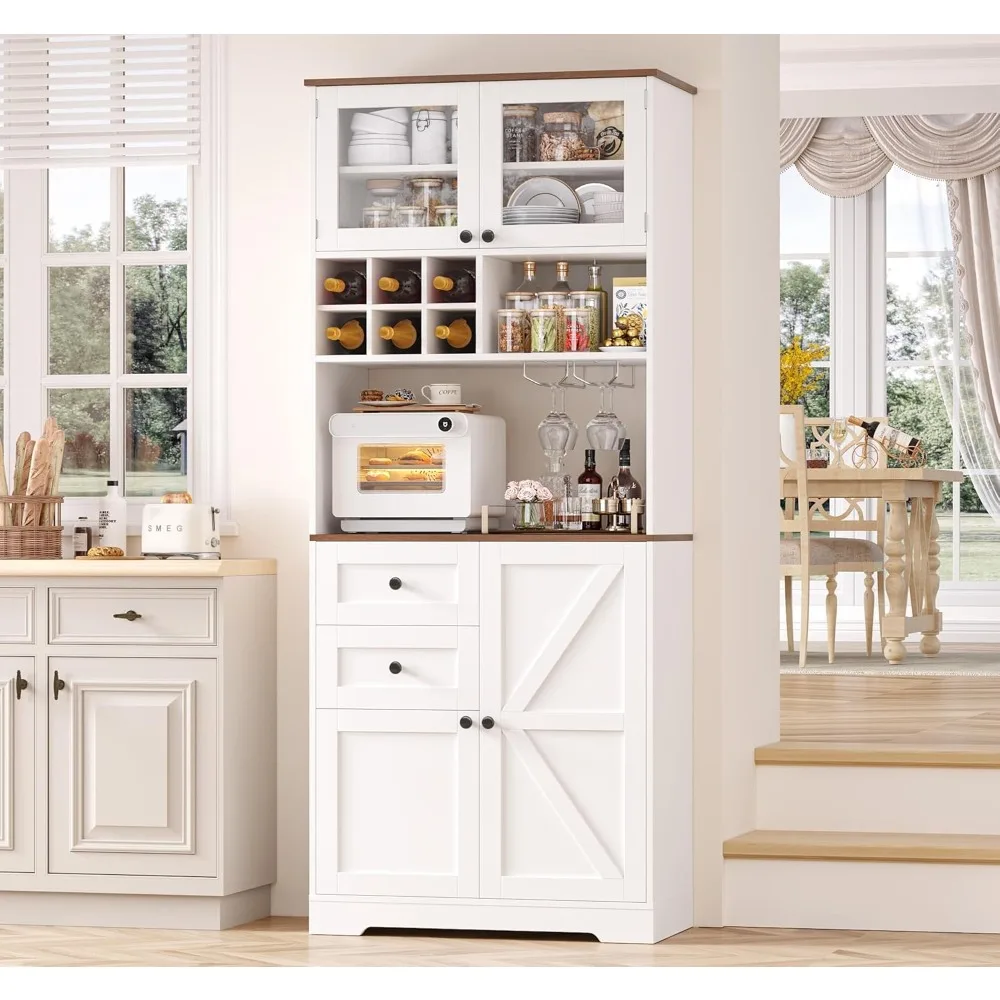 خزانة بار القهوة بطول 75 بوصة مع خزانة، وخزانة تخزين مخزن المطبخ مع باب الحظيرة ودرجين، ورف النبيذ والنظارات، #1