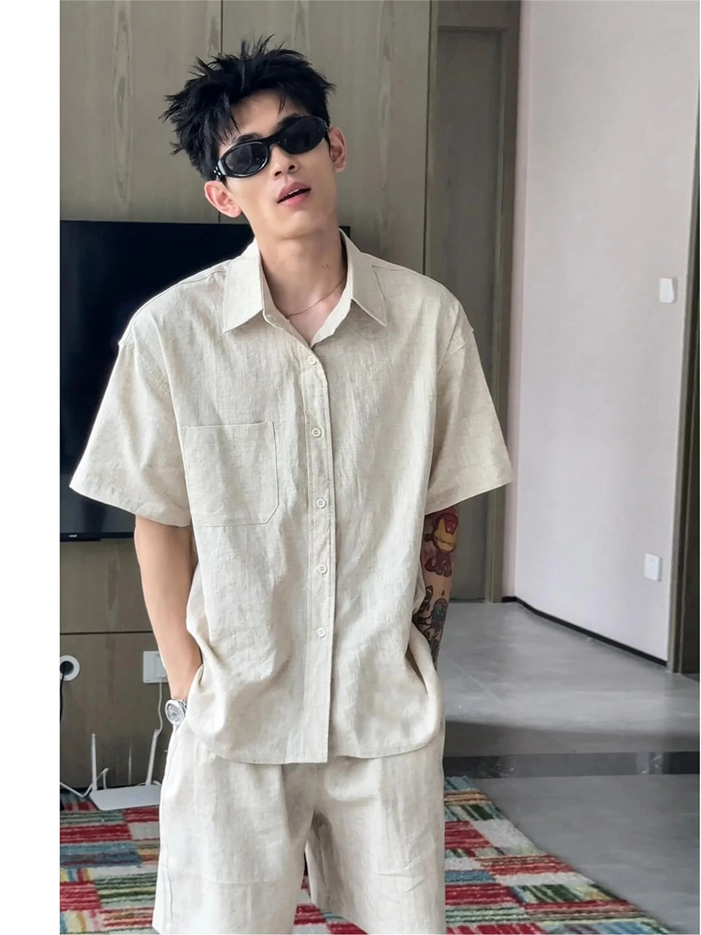 Linen Short Sleeve Shirt And Shorts Set Men's Summer Thin Breathable Casual Wear Comfortable Lightweight Commuting Outfit