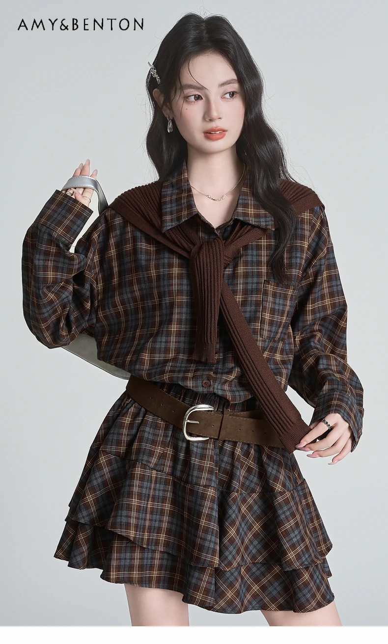 2025 Spring and Autumn Vintage Coffee Blue Gray Plaid Polo Collar Waist-Cinching Long Sleeve Shirt Short Skirt Knitted Shawl Set