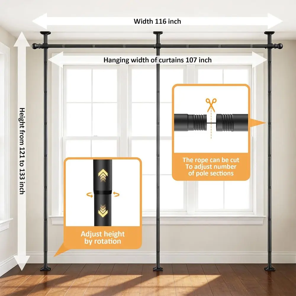 Heavy Duty Adjustable Curtain Rod for Room Separation, Privacy Divider or Bedroom, 10-11ft H x 58-116in W, Easy Install Wall Div