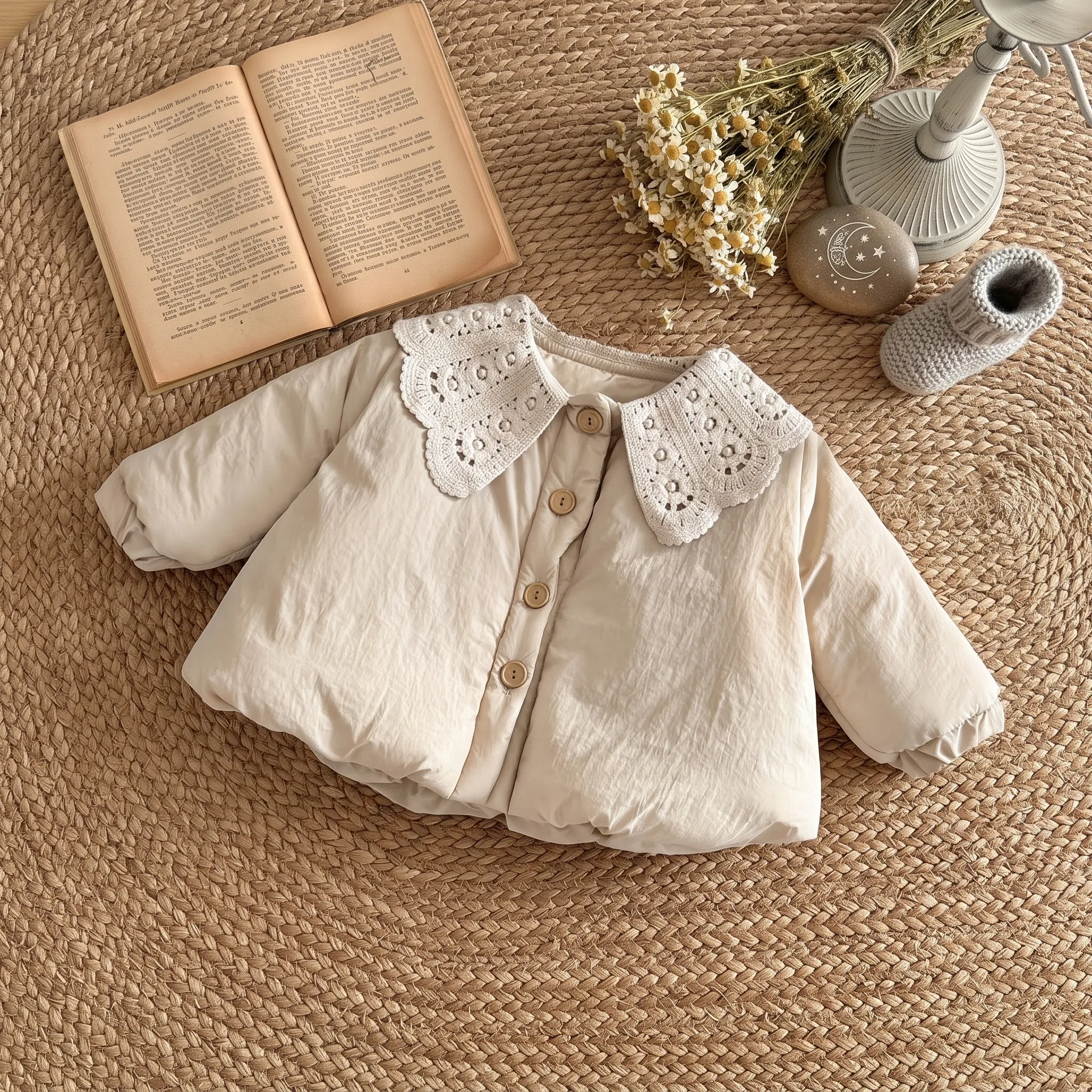 Baby Girls Clothes Lace Big Collar Quilted Jacket, Infant Single Breasted Loose Thick Warm Outerwear Coat