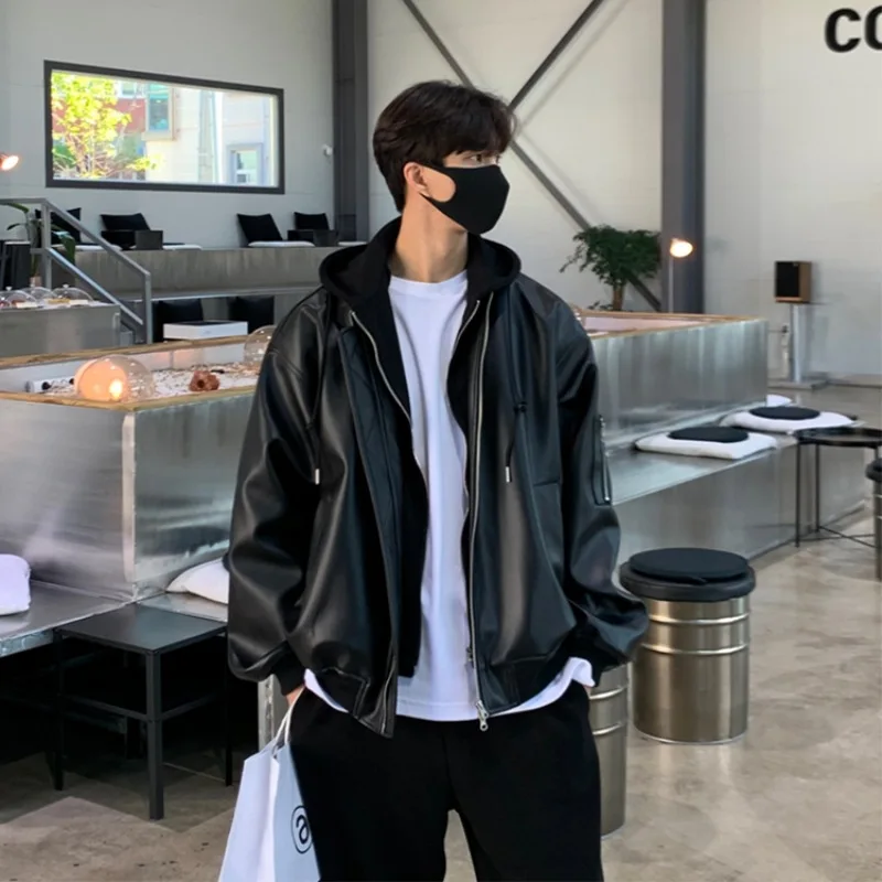 American Style Fake Two Pieces Hoodie Leather Jacket Coats Autumn Winter Fashion Loose Motorcycle Jackets for Men Y2k Streetwear