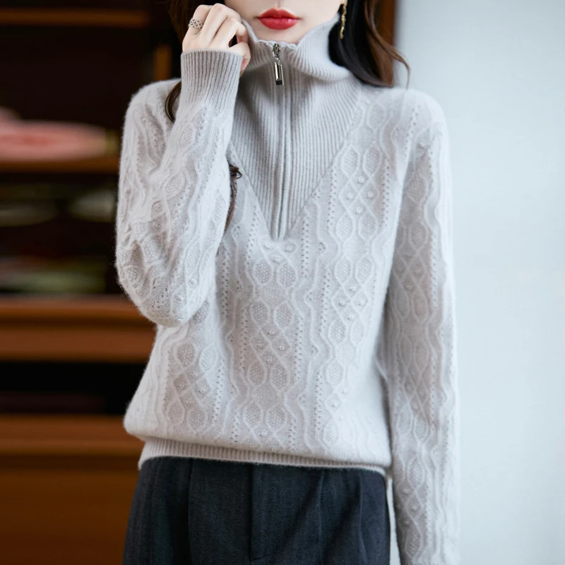 

New 100% Merino Wool Knitted Pullovers Women's Half Zipper Sweater Autumn Winter Long Sleeve Female Loose Jumper Clothing Top