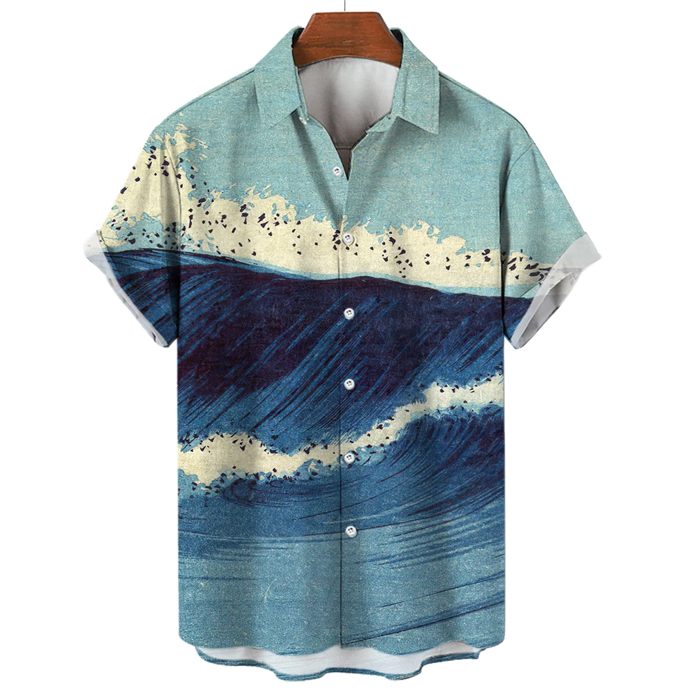 Camisas masculinas de ondas oceânicas, camisas de praia havaianas para surf 3D, tops Y2K de manga curta, roupas vintage, blusa de lapela