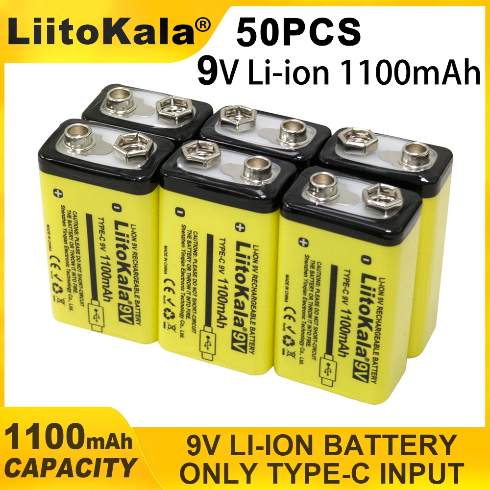 50PCS LiitoKala 9V 1100mAh USB Rechargeable Lithium Battery  6F22 for Multimeter Microphone Toy Guitar KTV Retail and wholesale