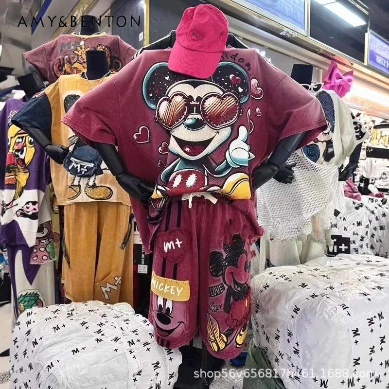 

European Style Trendy Anime Cartoon Oversized Short Sleeves T-shirt Top + Elastic Waist Wide Leg Shorts Set Y2k Kawaii Outfits