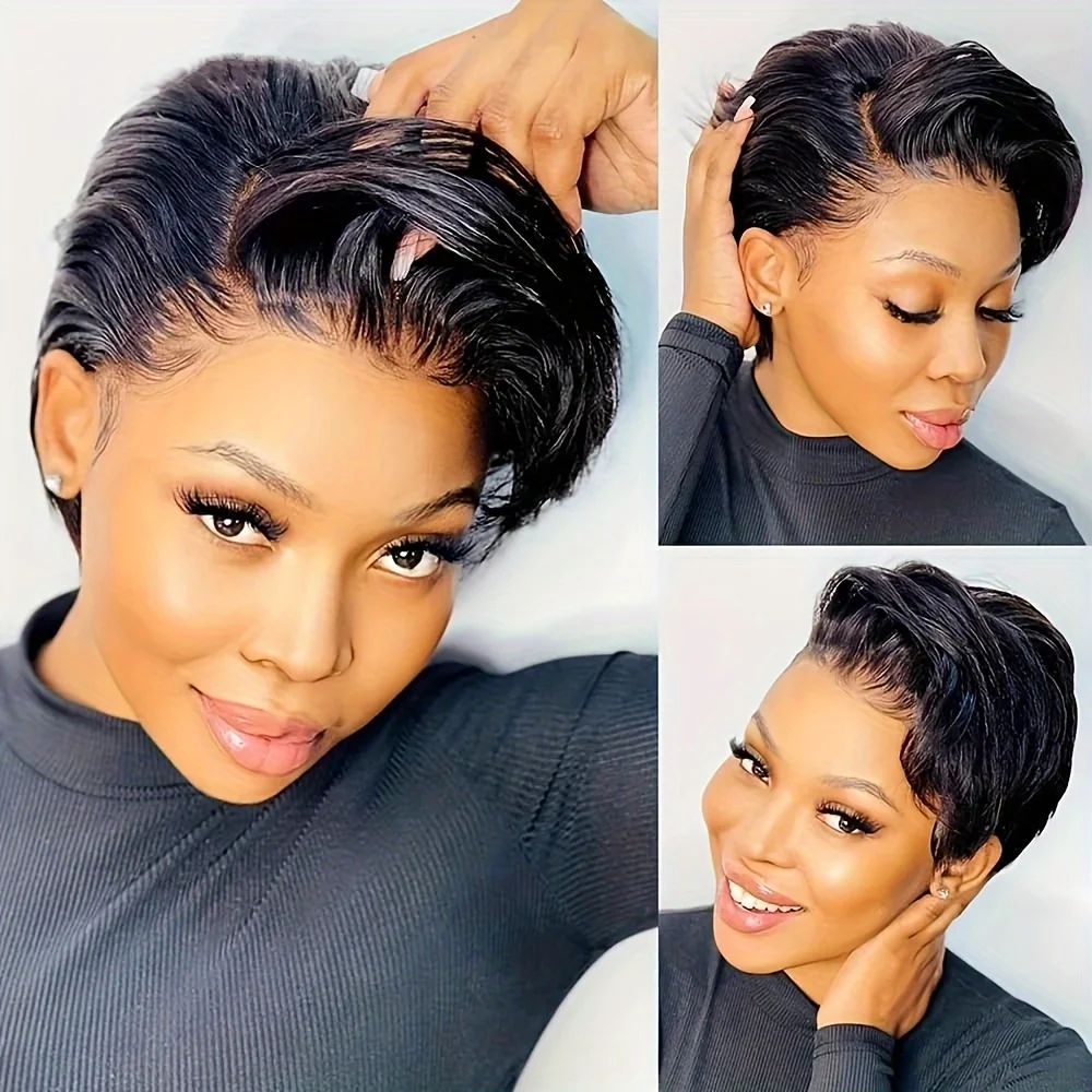 short curly pixie cut human hair wig 13×1 T part lace human hair 150% density pixie remy hair 6inch 1b30/427/natural black color