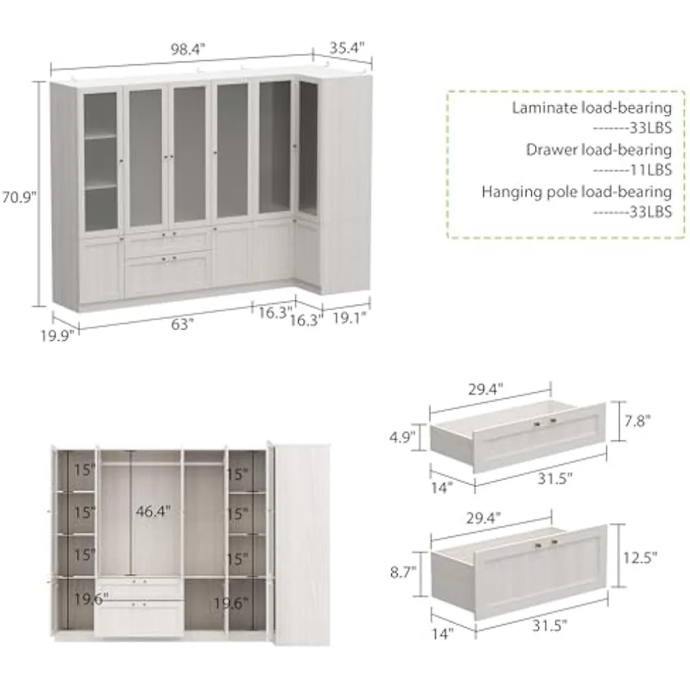 L-Shape Armoire Wardrobe Closet with 6 Frosted Glass Doors, Hanging Bars,Shelves & Drawers,98.4